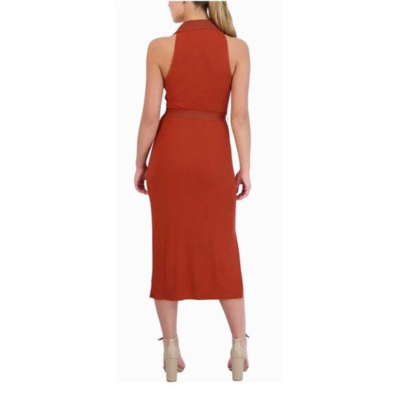 Laundry Sleeveless Belted Knit V Neck Polo Midi Shift Dress in Rust - Size 16 - Picture 2 of 5